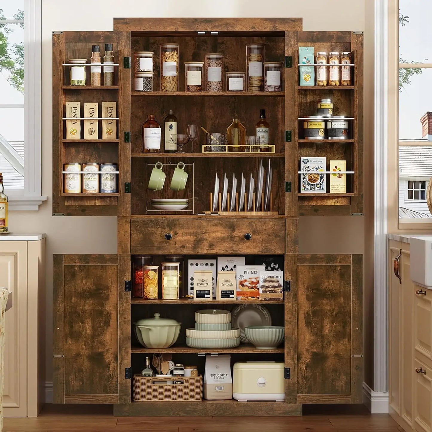72 Inch Pantry Cabinet with 6 Doors Shelves and 1 Large Drawer Adjustable Kitchen Storage Cabinet
