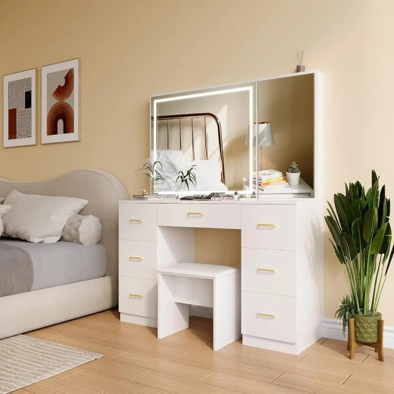 Large Lighted Vanity Desk with Stool and 7 Drawers Makeup Vanity Set Adjustable Brightness White Bedroom Furniture