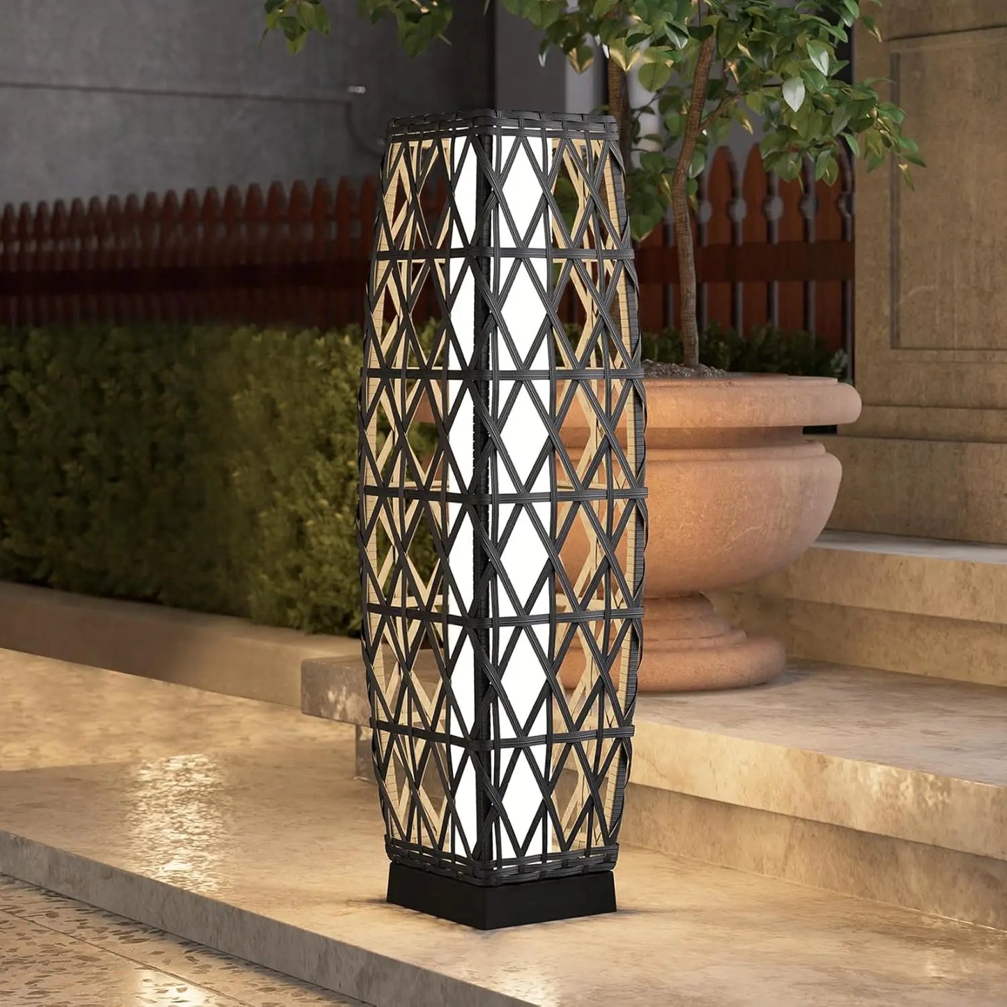 Medium Cindy Outdoor Solar Powered Woven Wicker Lantern Floor Lamp Decoration for Deck Garden Lawn Porch