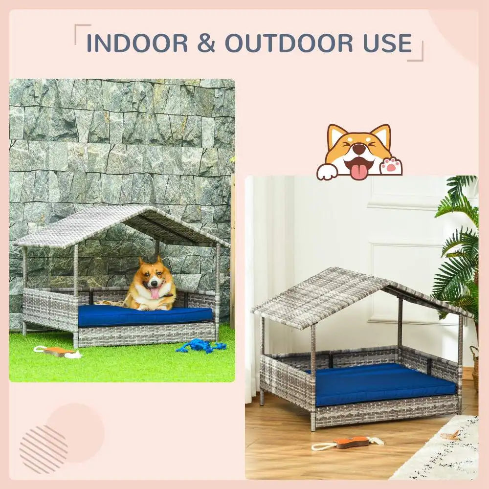 PawHut Wicker Dog House Outdoor With Canopy Rattan Dog Bed With Water Resistant Cushion For Small And Medium Dogs Dark Blue