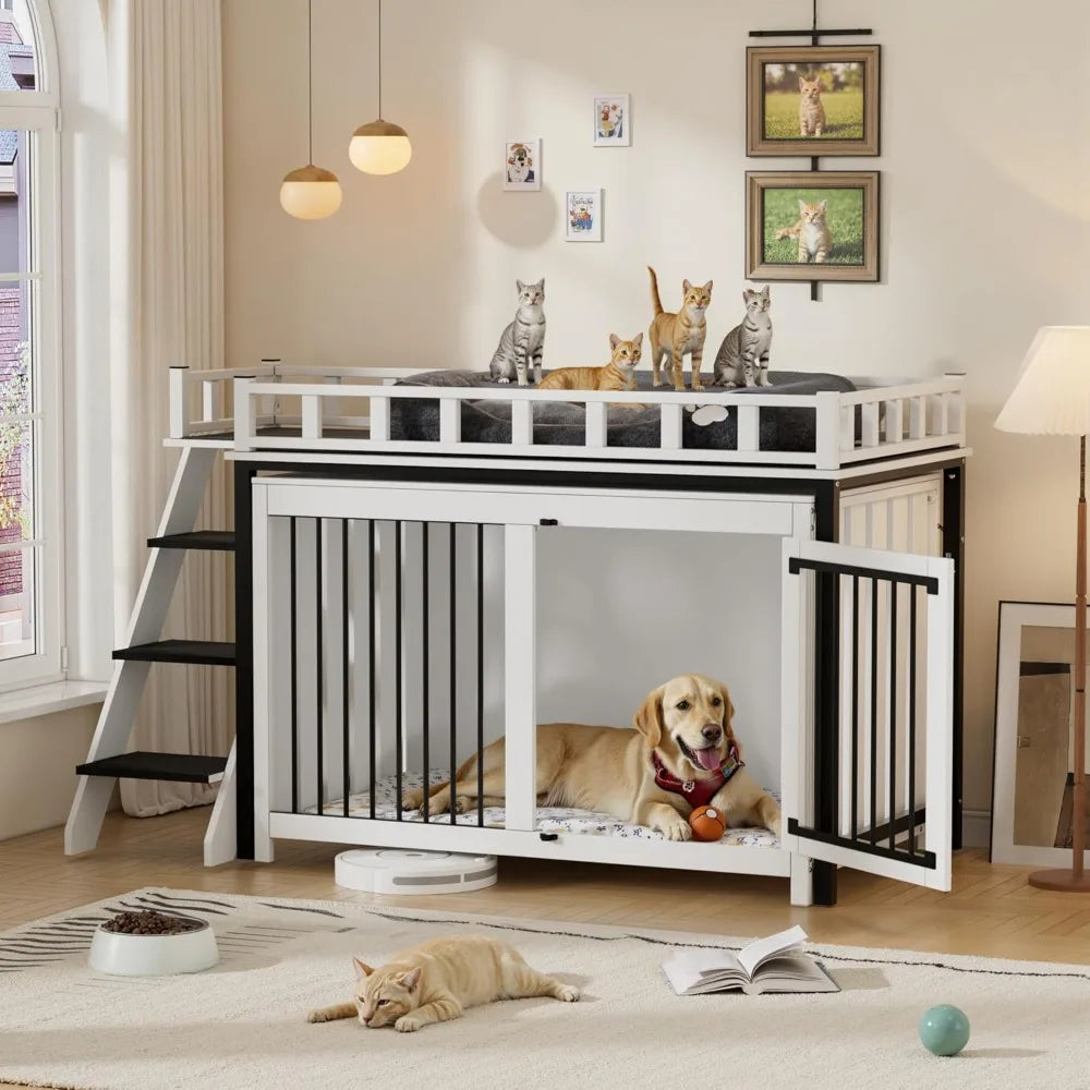 Loft Style Dog Crate Furniture with Double Doors Heavy Duty Dog Kennel Indoor for Medium and Large Dogs Wooden Pet House