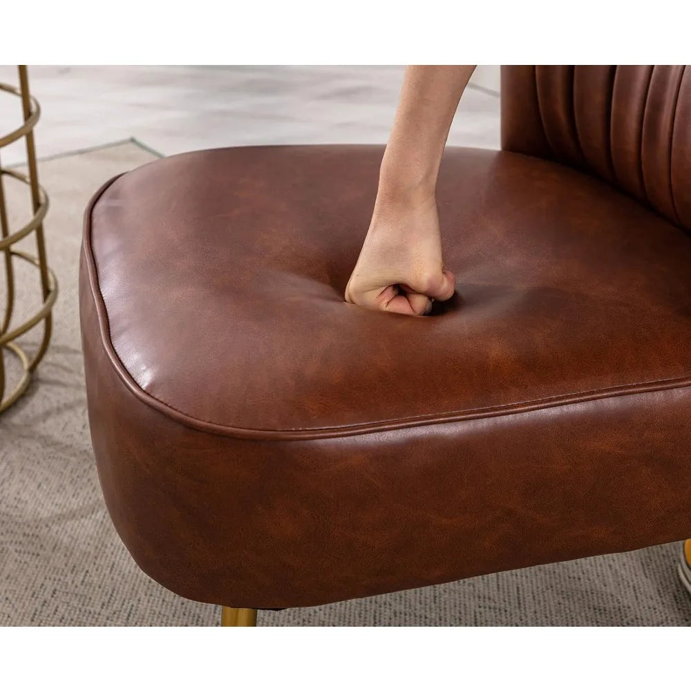 Leather Accent Chairs Set of 2 Modern Armless Upholstered Waterproof Slipper Chairs with Golden Legs Comfy Wingback Side Chairs