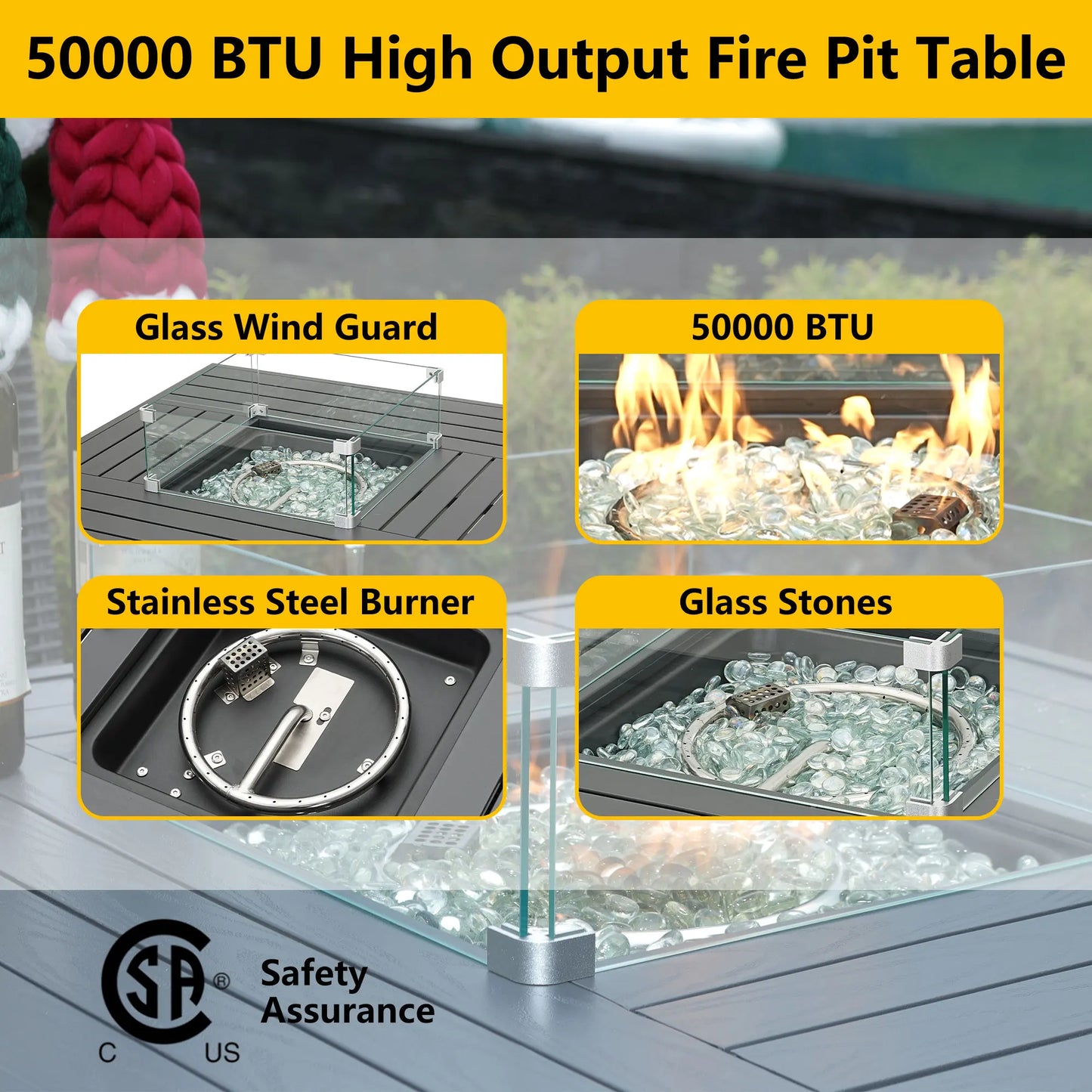 36 Inch Square Outdoor Fire Pit Table Wicker Propane High Fire Table with Glass Fire Beads