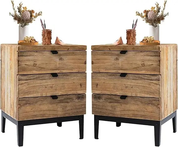 Farmhouse Wood Nightstand Bedside Table with Three Drawers Storage for Living Room and Hallway Distressed Finish