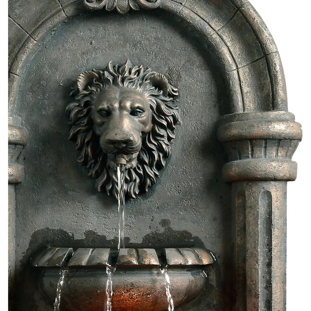 32.1 Inch Wall Mounted Lion Head Stone LED Outdoor Water Fountain for Gardens Patios Landscaping and Balconies