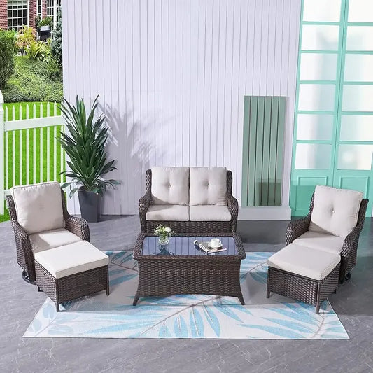 QWHumnuh 6 Pieces Outdoor Furniture Set PE Wicker Sofa with Swivel Rocking Chairs Ottomans and Coffee Table