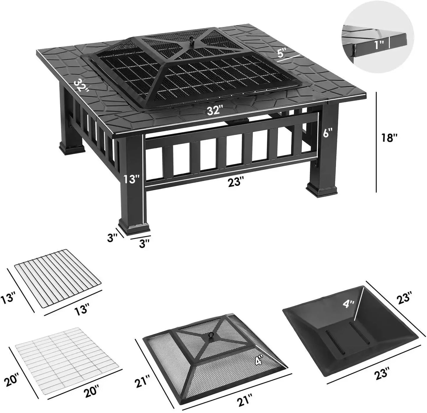 32 Inch Square Fire Pit Table for Outdoor Use Wood Burning with Spark Screen and Fire Poker for Camping and Patio