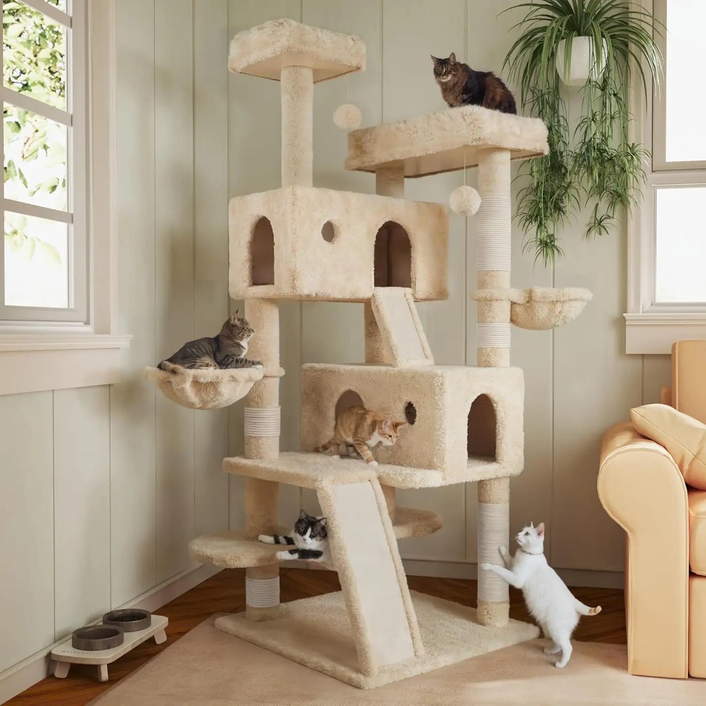 Multi Level Large Cat Tree Tower for Indoor Big Feline Cozy Plush Perches Condo Sisal Scratching Posts Hammock