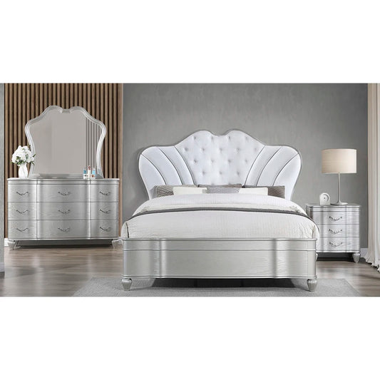 Landmark Traditional Style 4 Piece Queen Bedroom Set With Upholstered Button Tufted Bed Made With Wood In Silver