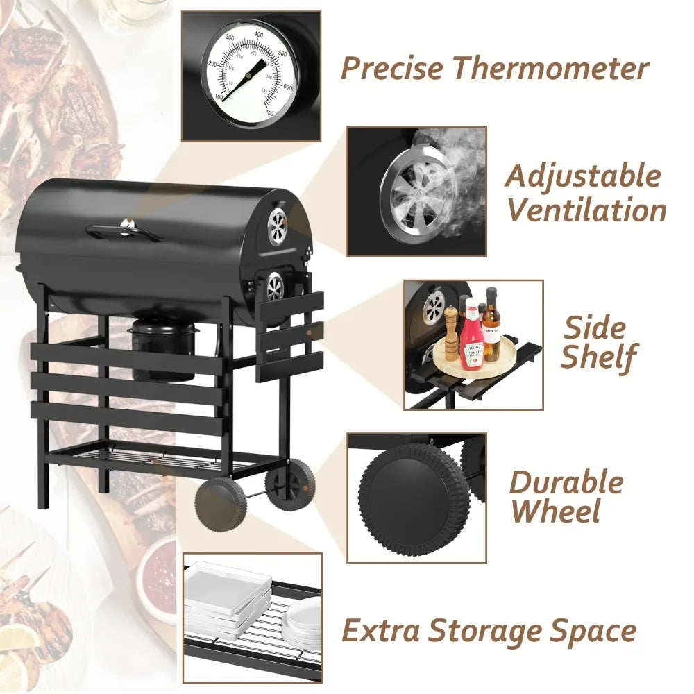 29 Inch Barrel Outdoor Charcoal Grill with Side Shelf and Wheels Black Generous Cooking Space