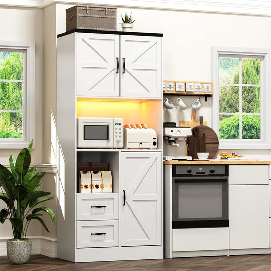 Kitchen Pantry Storage Cabinet with LED Lights and Power Strip Tall Farmhouse Kitchen Pantry with Barn Doors and Drawers