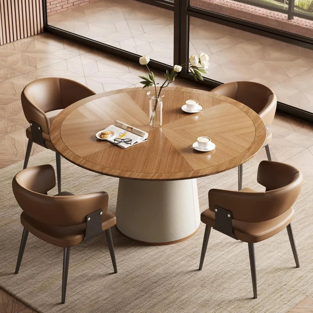 Round Faux Leather Base Dining Table for 4 to 6 People Modern Wood Kitchen Table with Round Solid Wood Veneer Top Ideal for Living Room