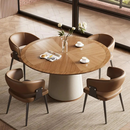 Round Faux Leather Base Dining Table for 4 to 6 People Modern Wood Kitchen Table with Round Solid Wood Veneer Top Ideal for Living Room