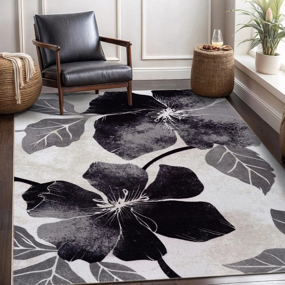 Solana Modern Floral Area Rug 6 Feet 7 Inches by 9 Feet Non Skid Rubber Backing Black Gray Flowers Indoor Rug