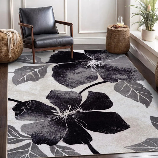 Solana Modern Floral Area Rug 6 Feet 7 Inches by 9 Feet Non Skid Rubber Backing Black Gray Flowers Indoor Rug