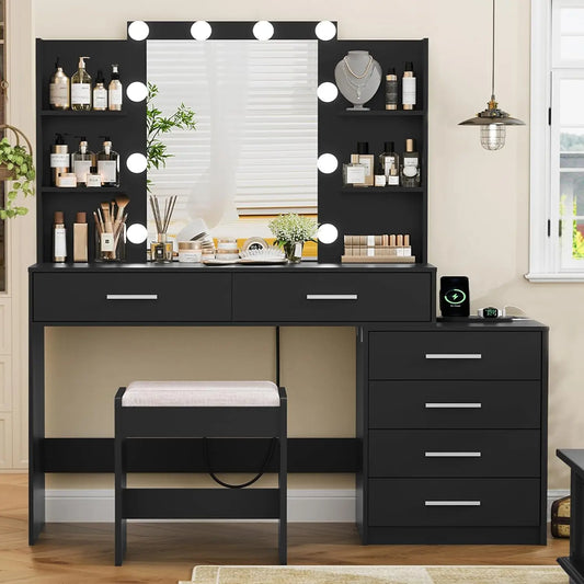 Quimoo 48 Inch Large Vanity Desk with Mirror and Lights Makeup Vanity with Six Drawers Power Outlet and Makeup Mirror Desk Table