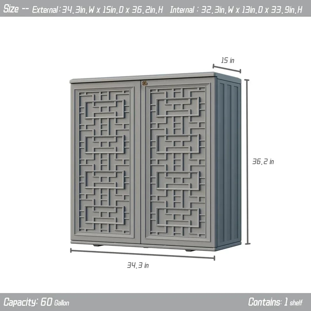 Indoor Outdoor Waterproof Storage Cabinet with Shelf Plastic Storage Shed for Patio Garden Backyard