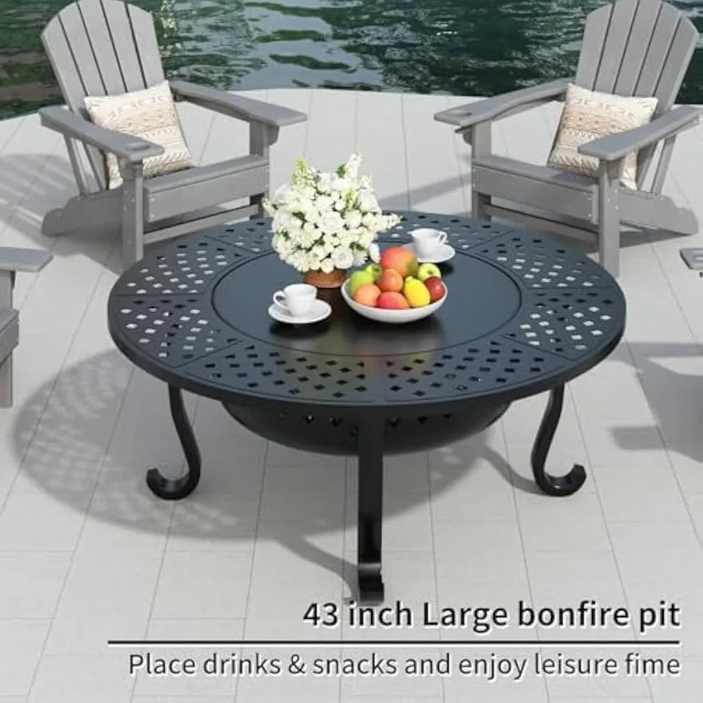 43 Inch Outdoor Wood Burning Fire Pit with 2 Grills Round Metal Table for Backyard Patio Garden