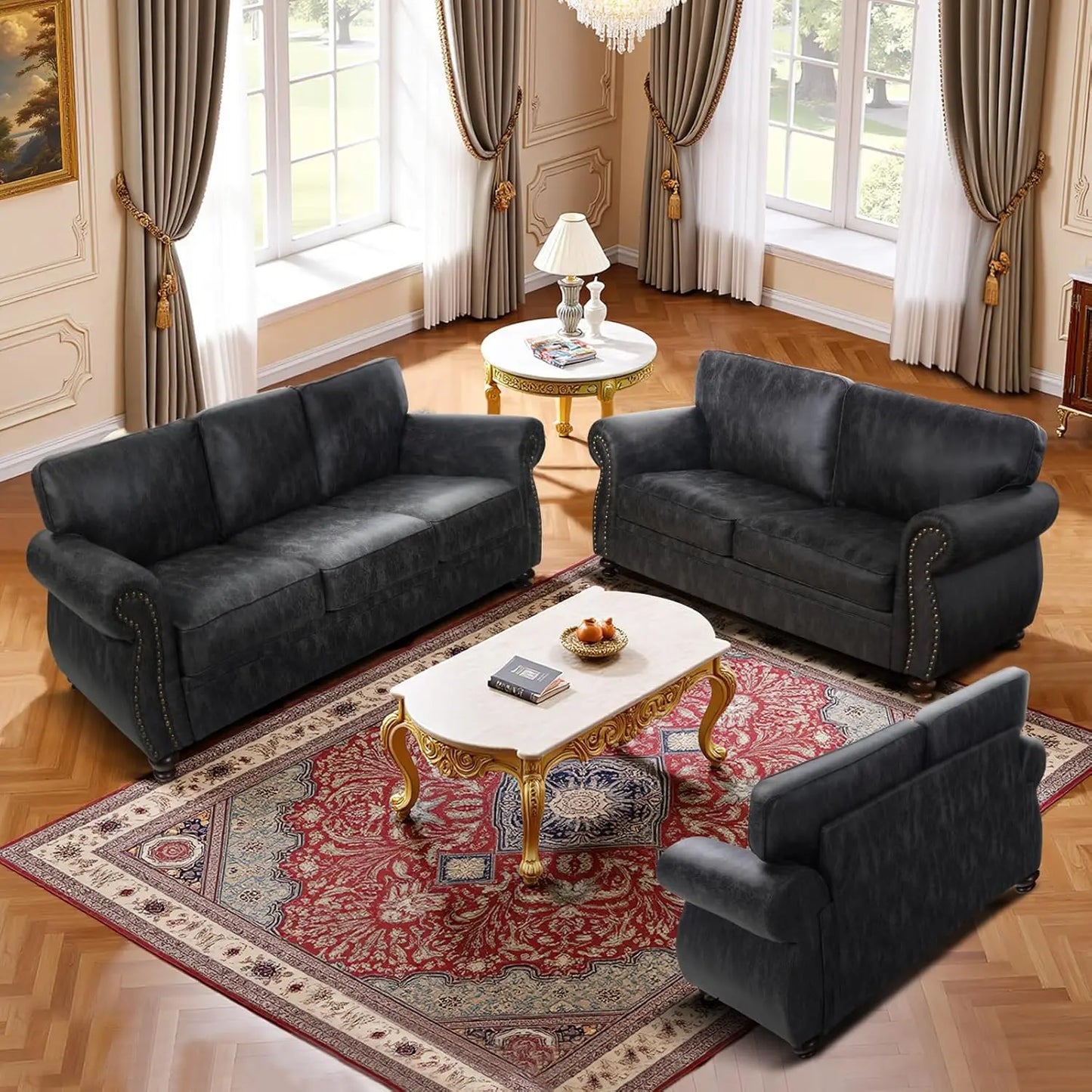 Rivet Couch Living Room Sets Mid Century Couch Solid Wooden Frame Vintage Couches Brown Loveseat and 3 Seater