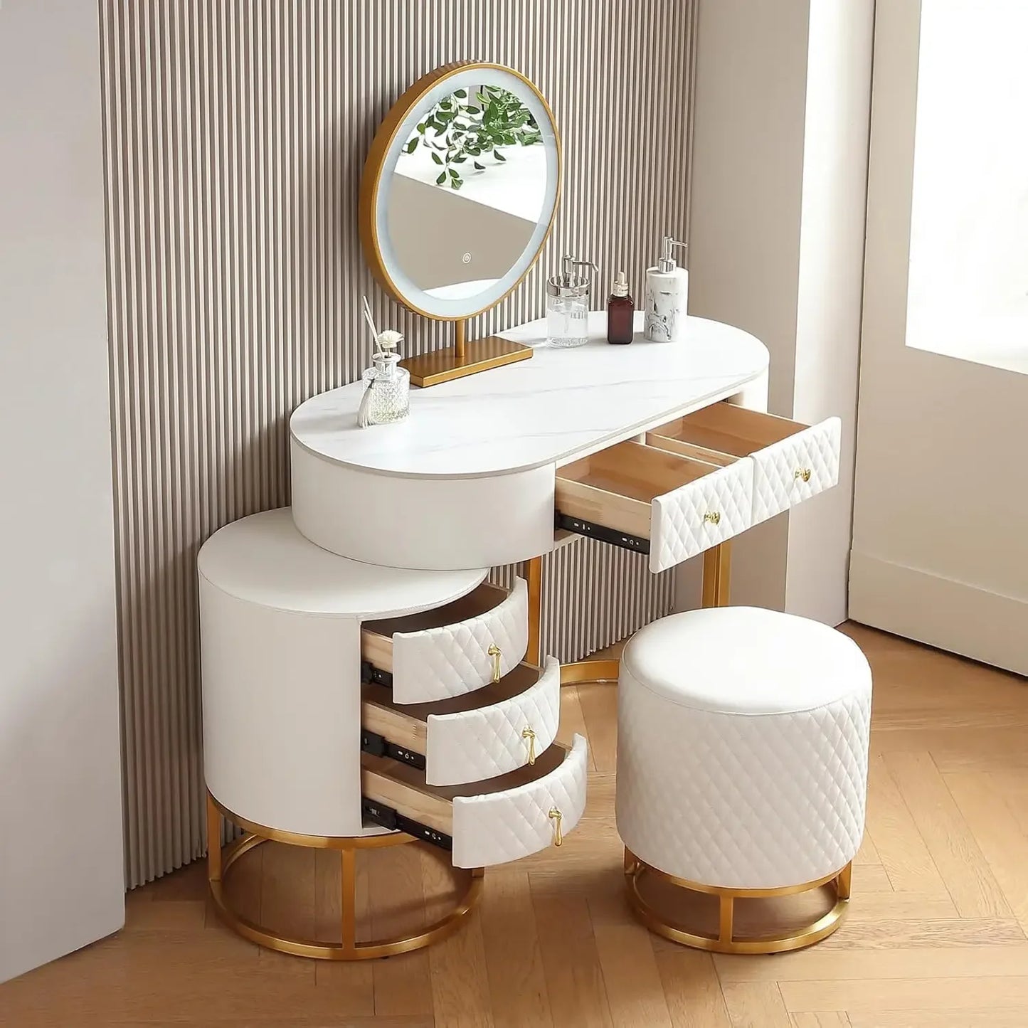 Faux Leather Makeup Vanity Desk Set with LED Lighted Mirror Luxury Dressing Table with Storage Drawers and Vanity Stool White
