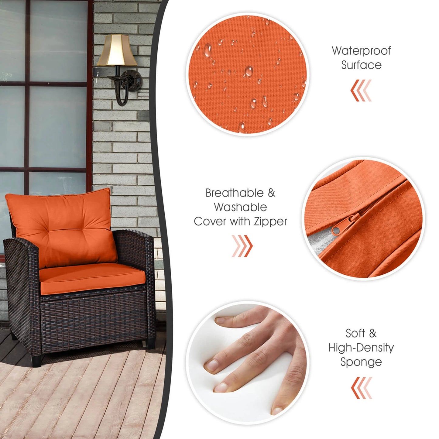 3 Piece Patio Rattan Furniture Set Cushioned Conversation Sofa Orange