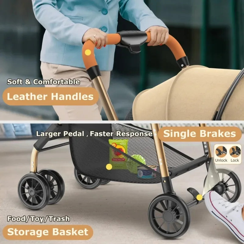 Pet Stroller with Four Wheels Foldable Pet Travel Carrier for Small Medium Dogs Cats up to 55 Pounds Detachable Basket Removable