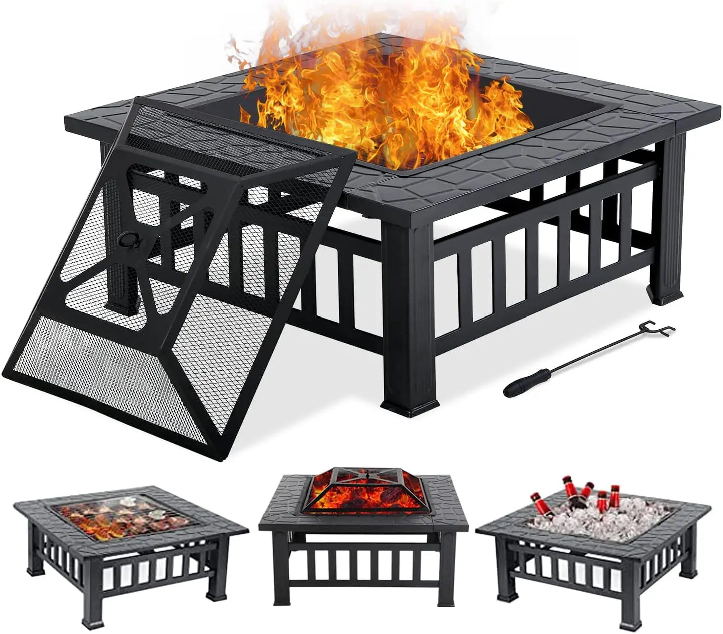 32 Inch Square Fire Pit Table for Outdoor Use Wood Burning with Spark Screen and Fire Poker for Camping and Patio