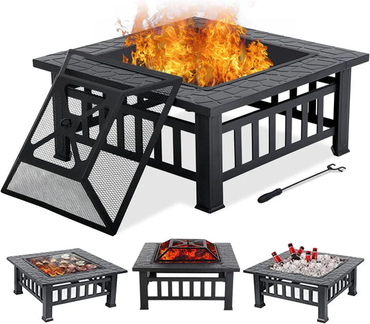 32 Inch Square Fire Pit Table for Outdoor Use Wood Burning with Spark Screen and Fire Poker for Camping and Patio