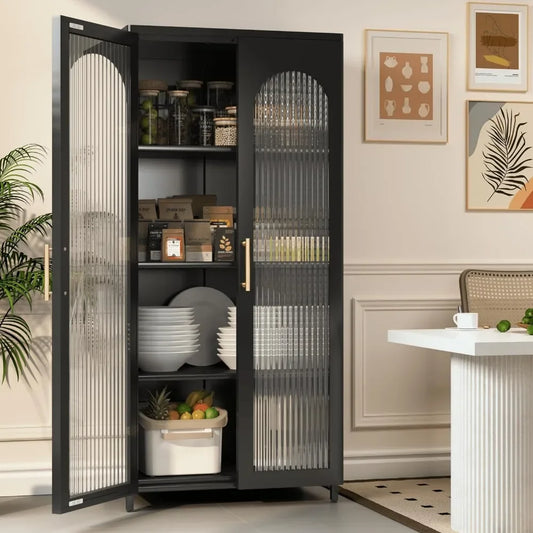 Kitchen Cabinet Metal Sideboard Storage Cabinet with Glass Doors and Adjustable Shelves