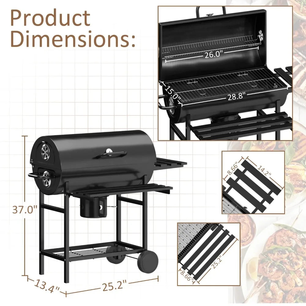 29 Inch Barrel Outdoor Charcoal Grill with Side Shelf and Wheels Black Generous Cooking Space