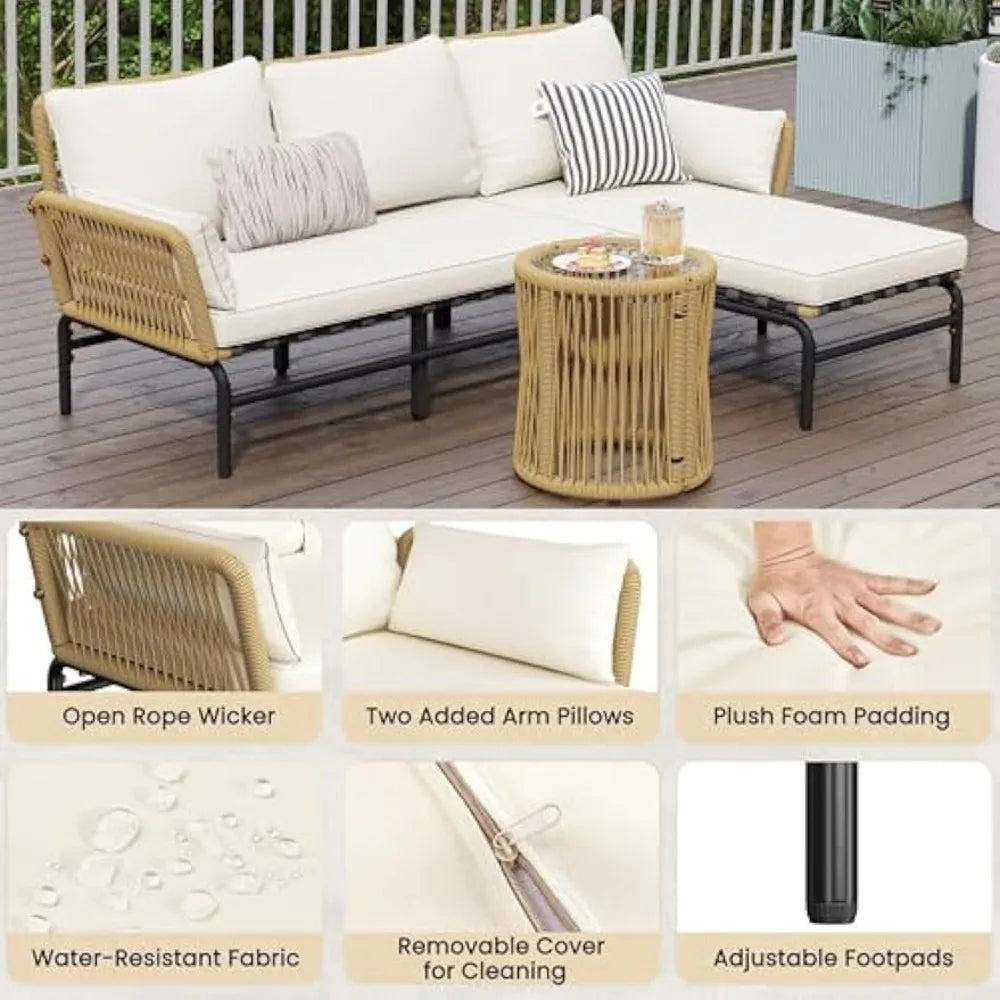3 Pieces L Shaped Conversation Sofa Set Outdoor Patio Furniture Set with Detachable Lounger Thick Cushions Glass Side Table