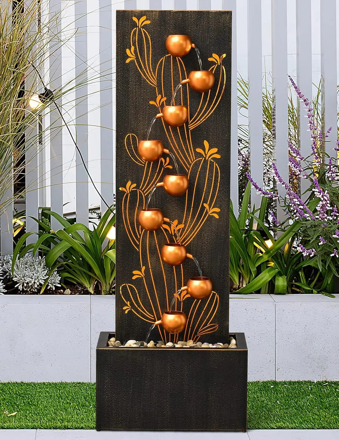 50 Inch High Outdoor Indoor Tall Waterfall Fountain with LED Lights Large Modern Cascading Bowl Fountain for Garden and Patio