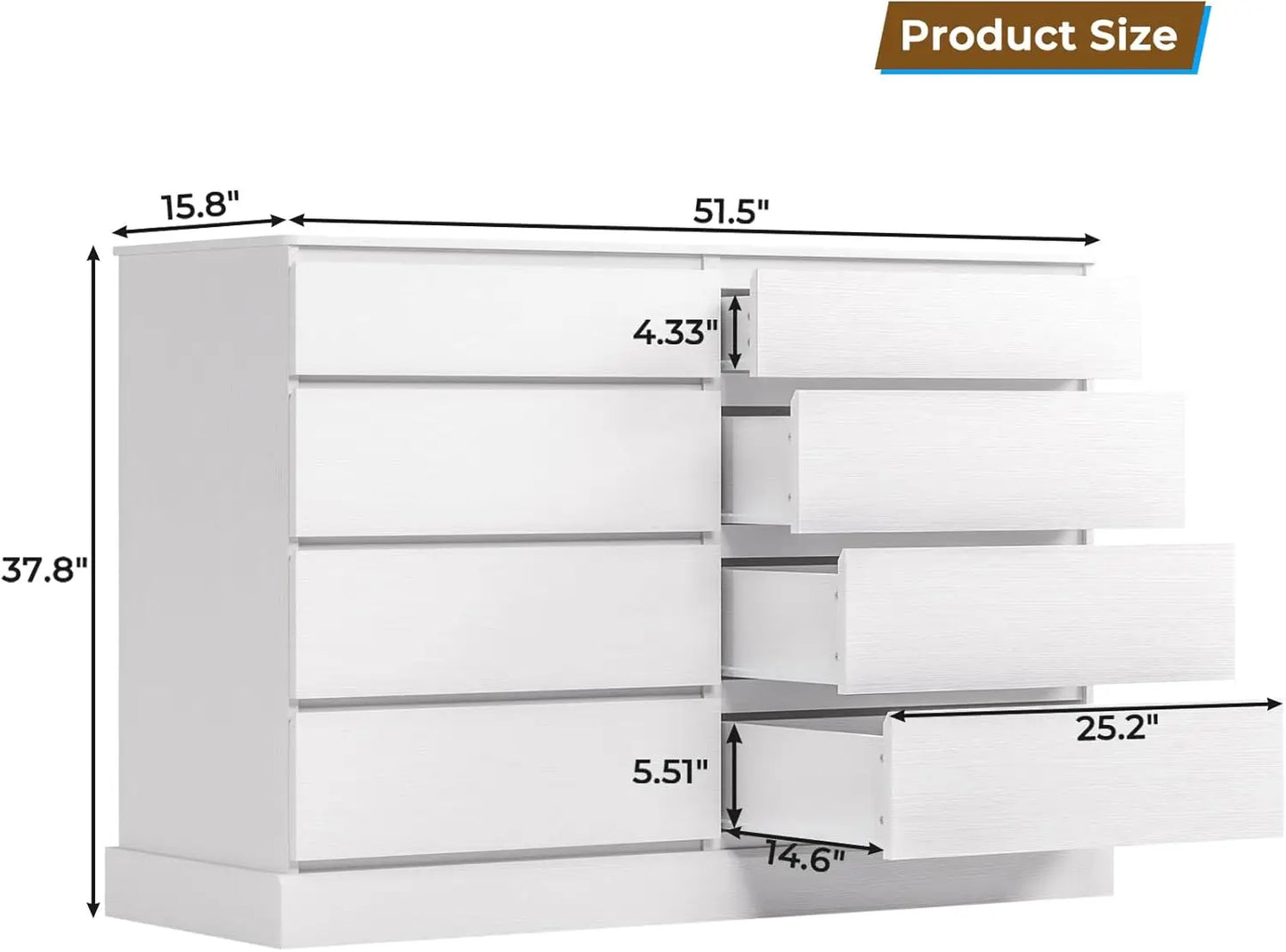 White Wooden Dresser for Bedroom with 8 Spacious Drawers 51.5 Inch Long Clothing Storage Chest