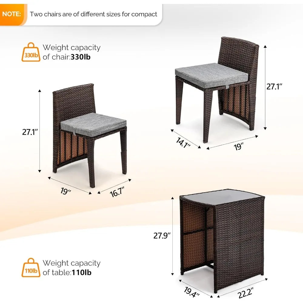 3 Piece Wicker Outdoor Patio Bistro Set with Glass Top Table and Dining Chairs for Small Spaces