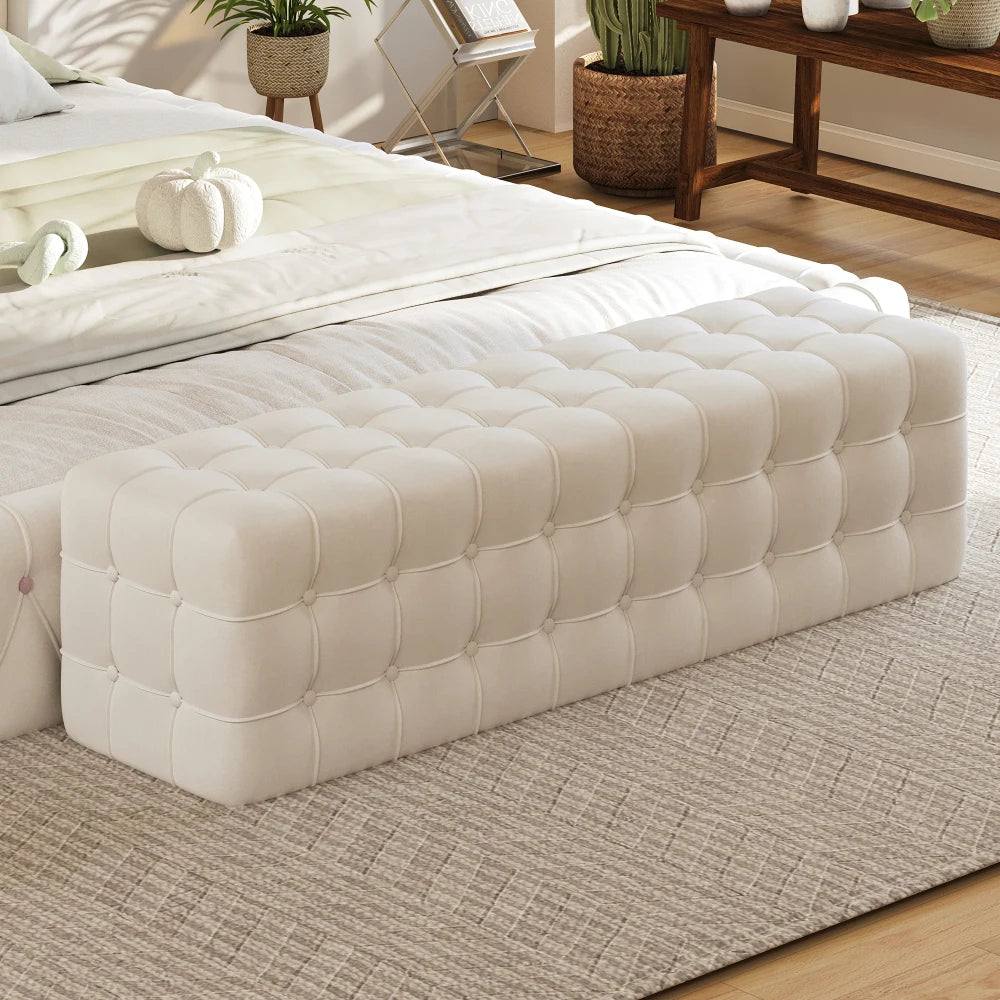 All Covered Velvet Upholstered Ottoman Rectangular Footstool Bedroom Footstool No Assembly Required Elegant Luxurious White