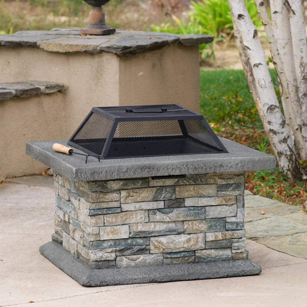 29x29 Inch Square MGO Fire Pit Fiberglass Reinforced Cement Outdoor Fire Table with Iron Shield for Patio and Backyard Entertaining