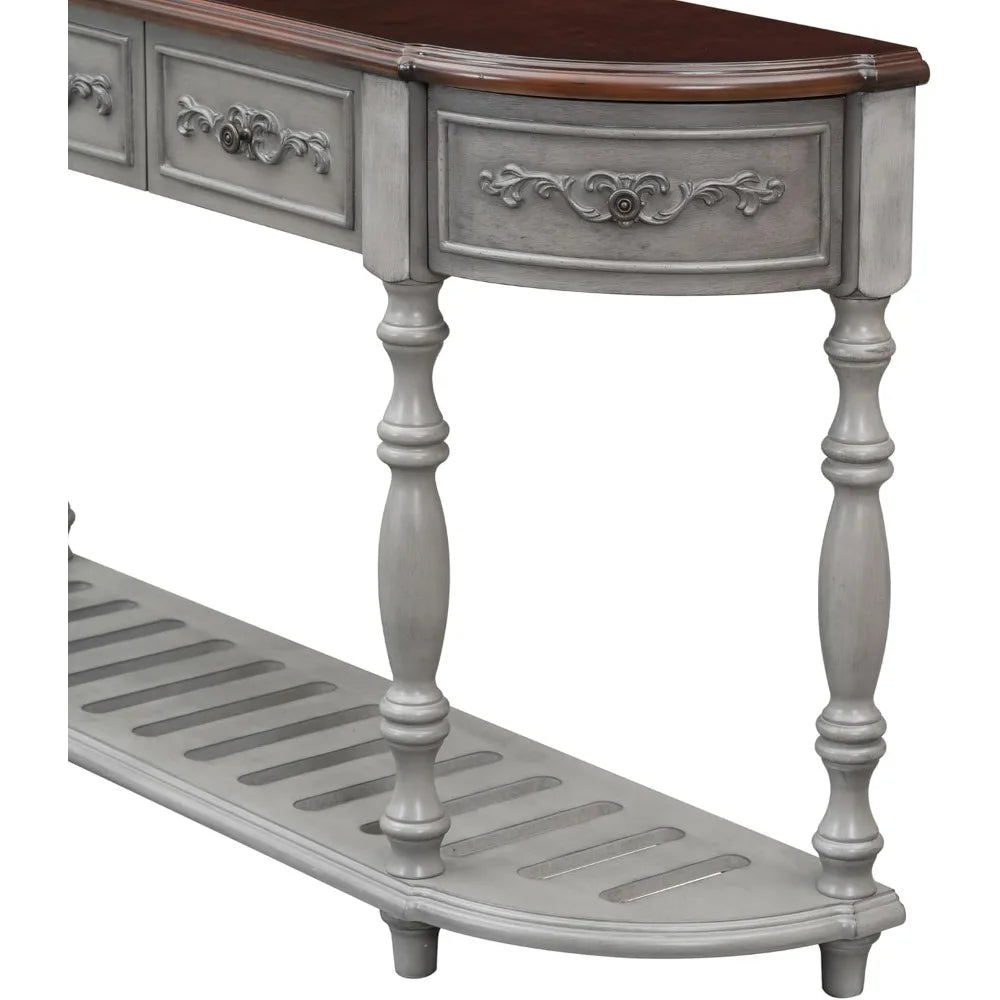 Retro Wood Curved Console Table 52 Inch Half Moon Hall Sofa Table with Drawers and Shelf for Living Room Home Furniture