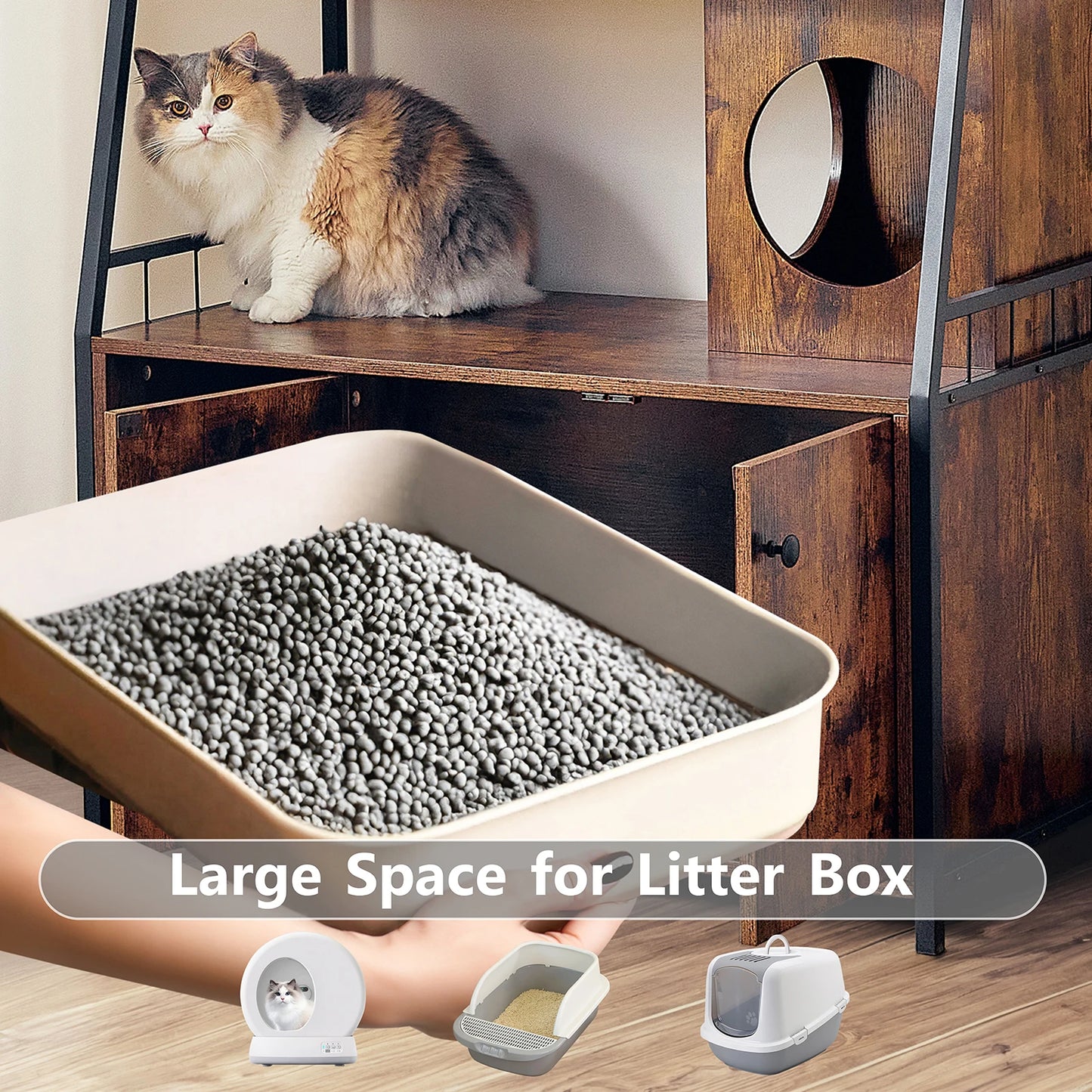 Redlife Cat Litter Box Enclosure w/ 3 Shelves and Doors, 3 in 1 Large Cat House Cabinet Wood Cat Washroom Furniture with Scratch