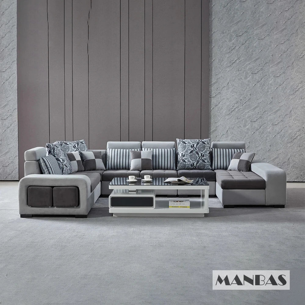 Manbas Dark Grey And Light Grey Fabric Sectional Couch With Chaise U-Shape Living Room Sofa Set With Stools Home Furniture