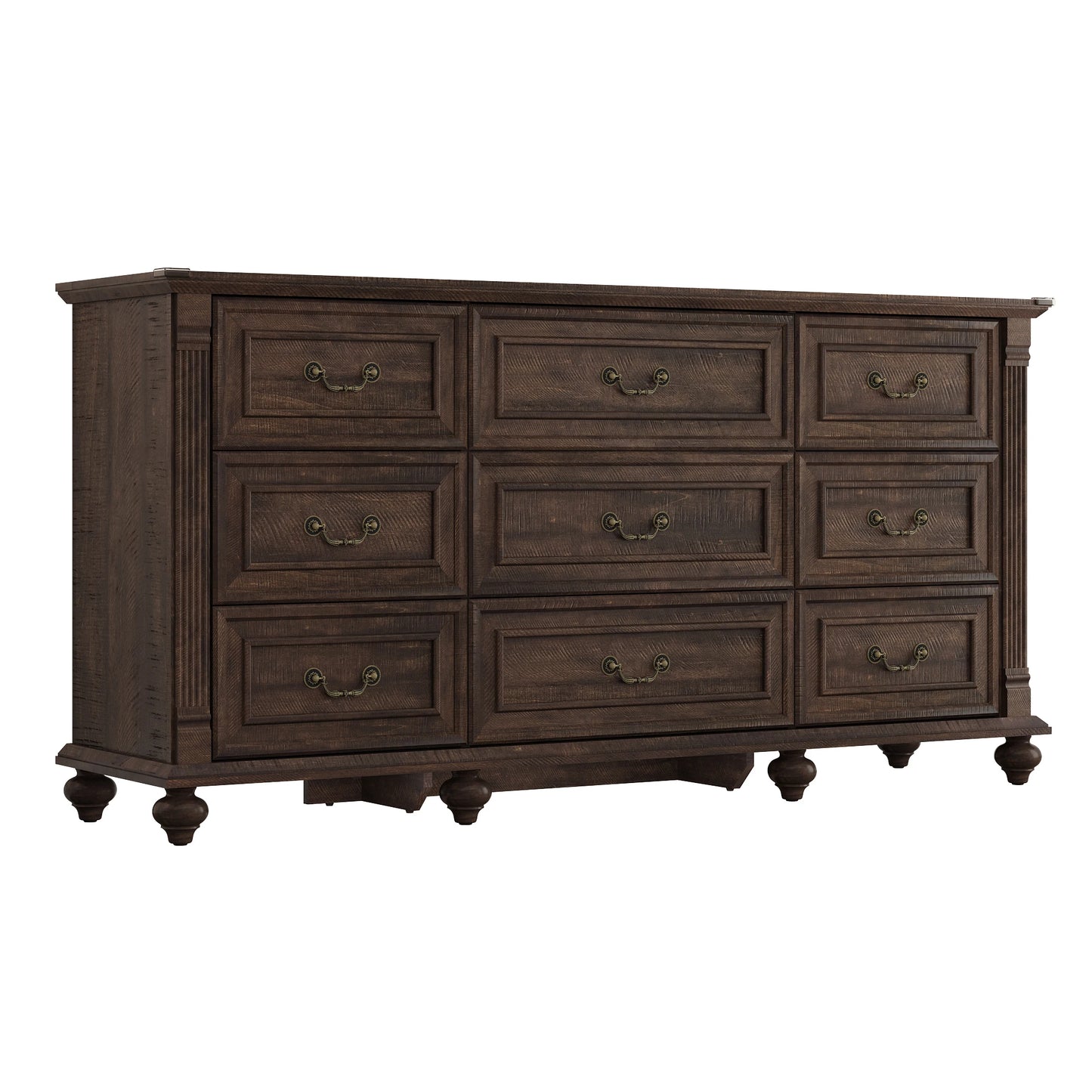 Farmhouse 9 Drawer Dresser for Bedroom with 6 Gourd Feet and Roman Column Decor 63 Inch Wide Wood Country Rustic Chest of Drawers