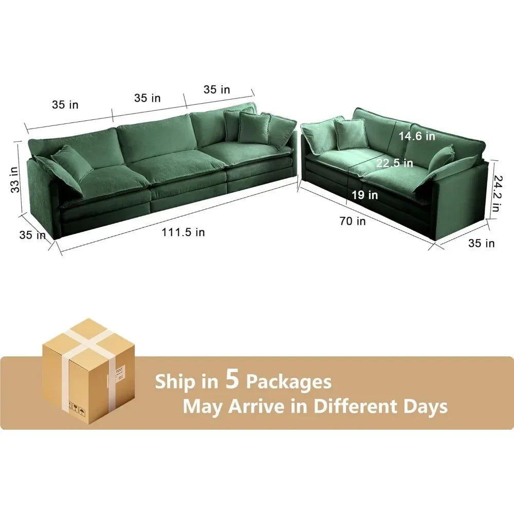2 Piece Green Chenille Living Room Furniture Set Modern Luxury Sectional Loveseat and Sofa