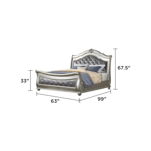 Traditional Style 4 Piece Queen Bedroom Set With Upholstered Crystal Tufted Bed Made With Wood In Silver