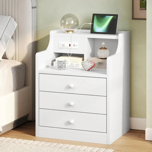 Nightstand with Charging Station and 3 Storage Drawers Modern Bedside Table with Hutch