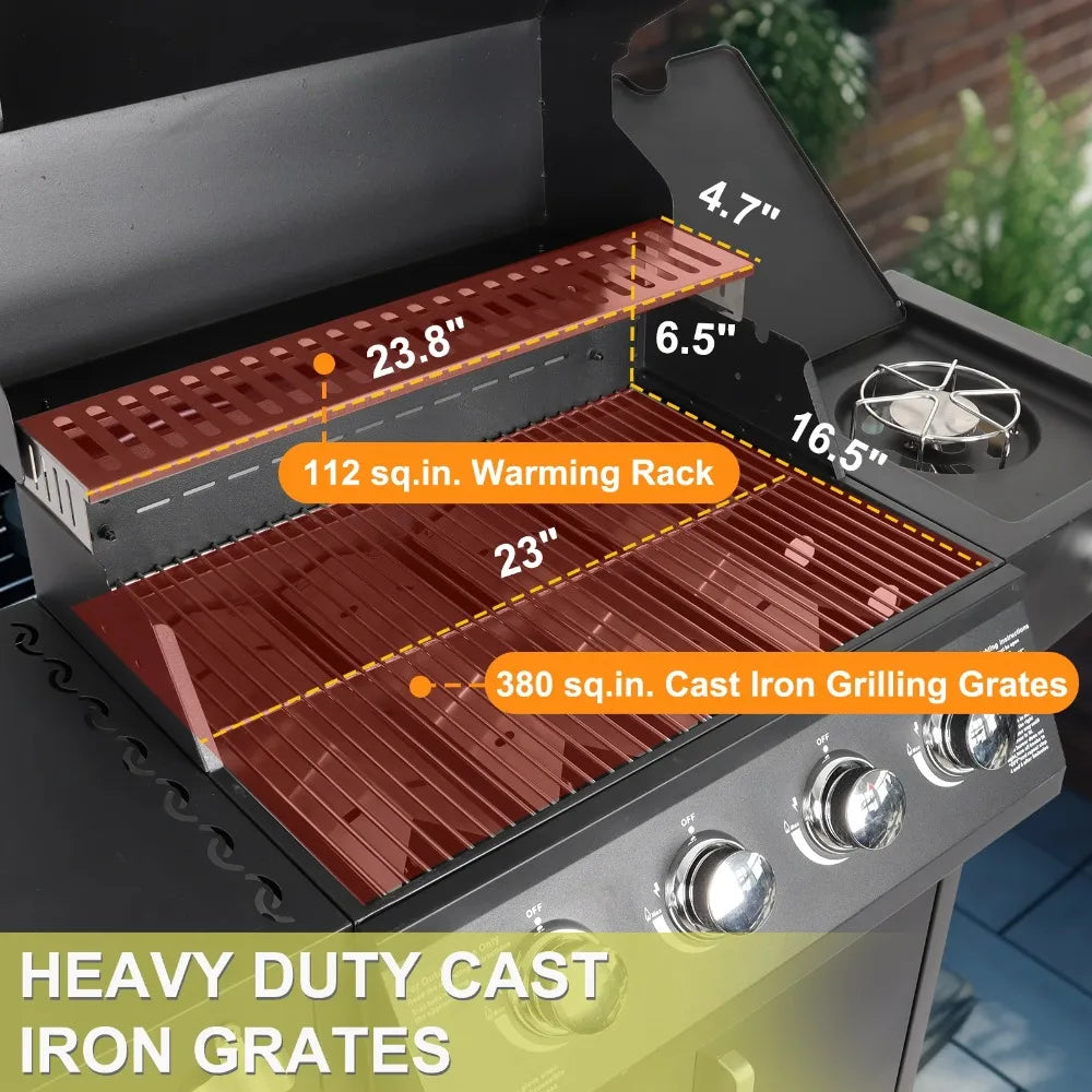 4 Burner Propane Gas Grill with Side Burner and Side Table for Outdoor Cooking and Camping