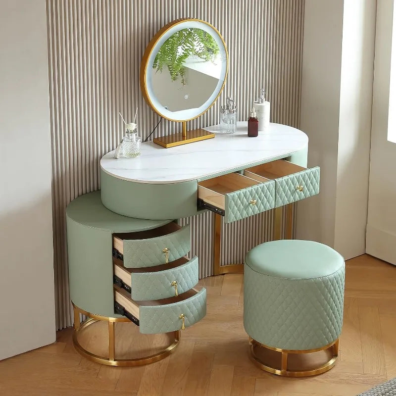 Luxury Faux Leather Vanity Desk with Mirror Makeup Table and Drawers Vanity Stool Green
