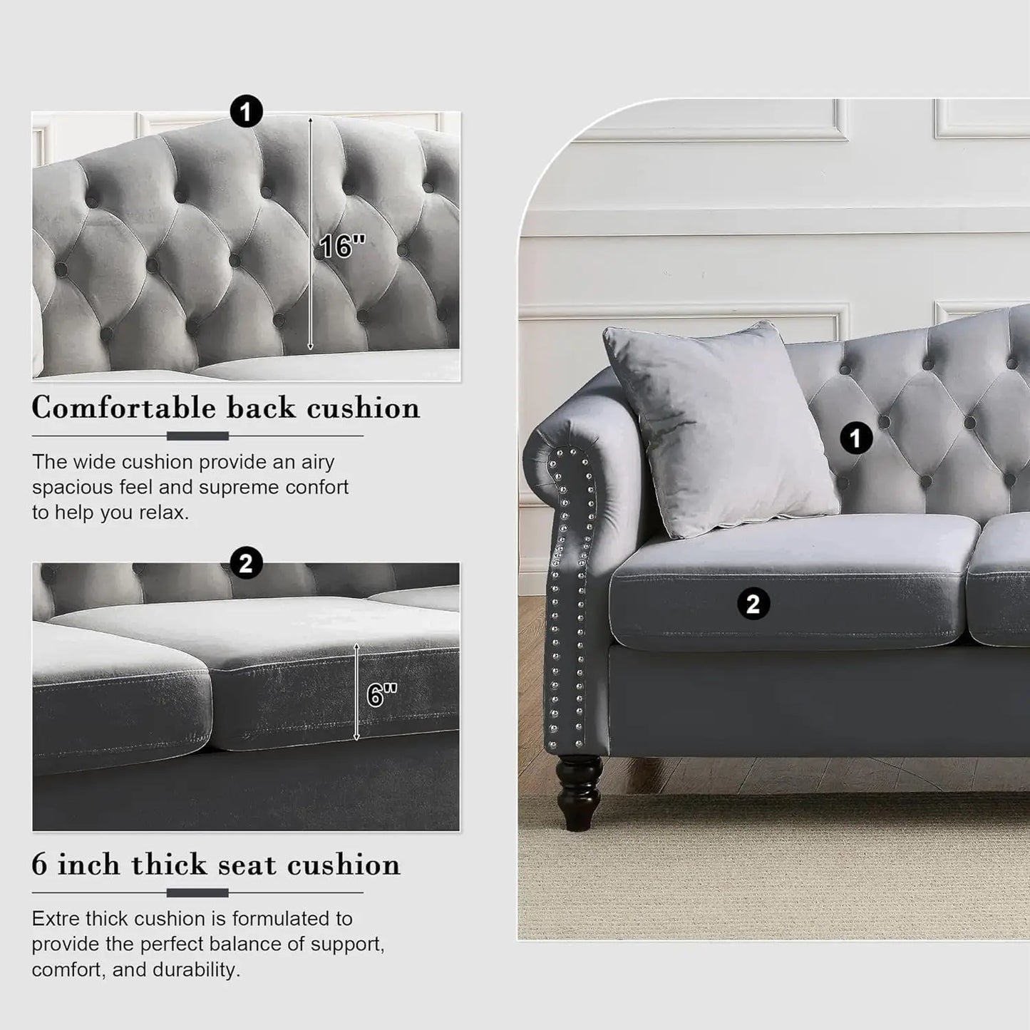 Chesterfield Velvet Sofa Set 3 Seater and Loveseat with Pillows Rolled Arms Nailhead Trim Classic Design Living Room Bedroom