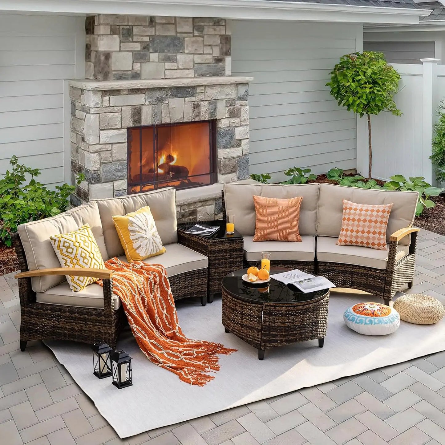 Multi Piece Outdoor Patio Furniture Sets Half Moon Curving Rattan Sofa Conversation Set