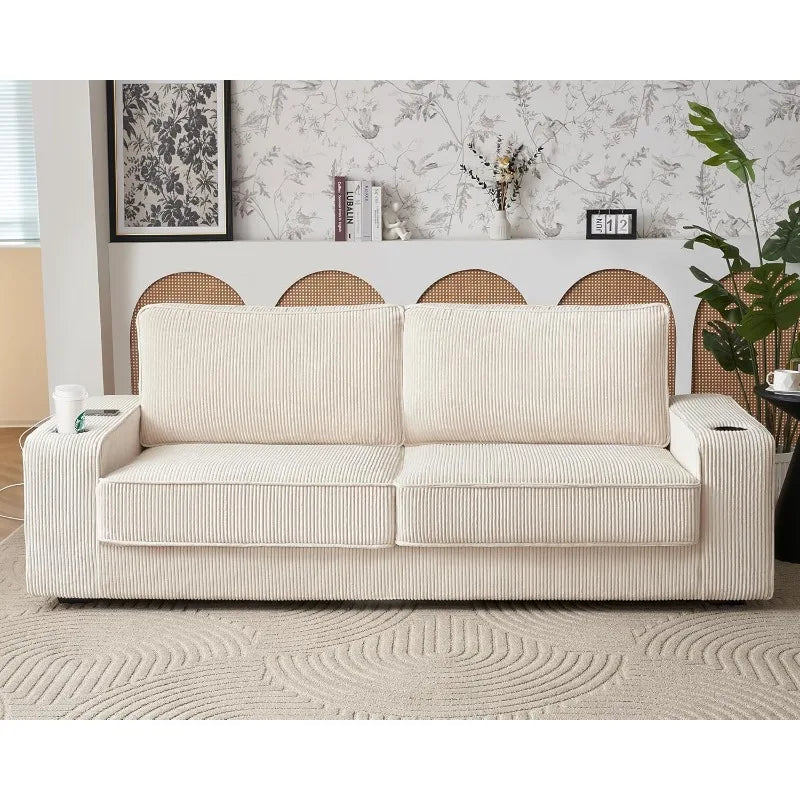 Sofa, 89 Inch Modern Sofa with USB Charging Ports & Cup Holders, Deep Seat Sofa Couch- Comfy Couch for Living Room