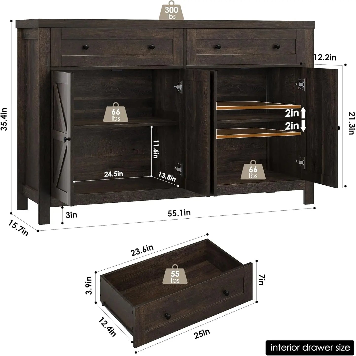 55" Buffet Sideboard Cabinet with Storage, Modern Farmhouse Coffee Bar Cabinet with Drawers and Shelves, Barn Doors Storage