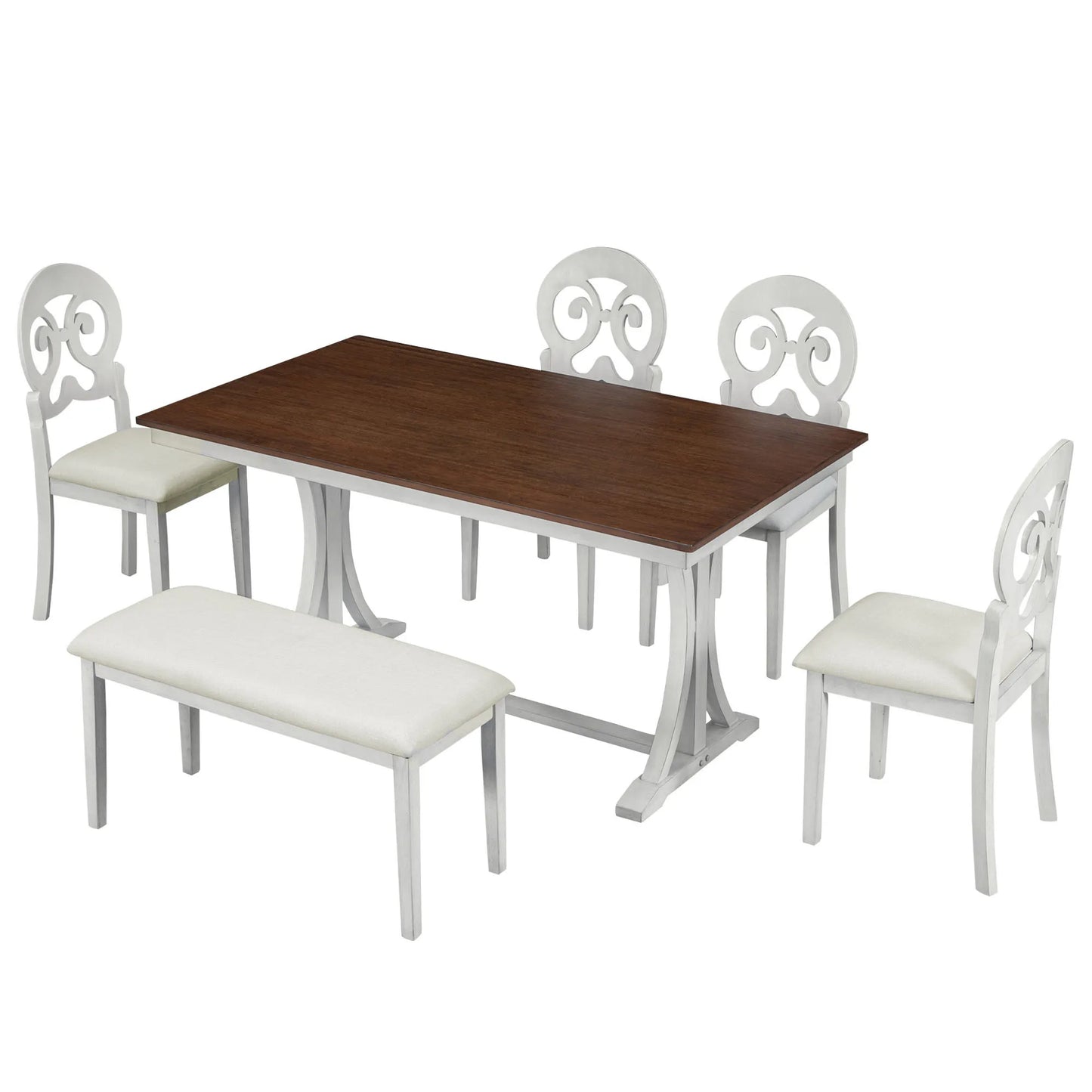 TOPMAX Mid Century 6 Piece Trestle Table Set with Victorian Round Upholstered Dining Chairs and Long Bench